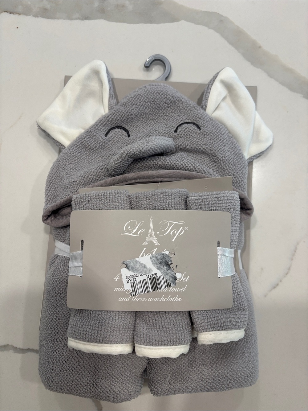 Le Top Gray Elephant Hooded Baby Towel Set
